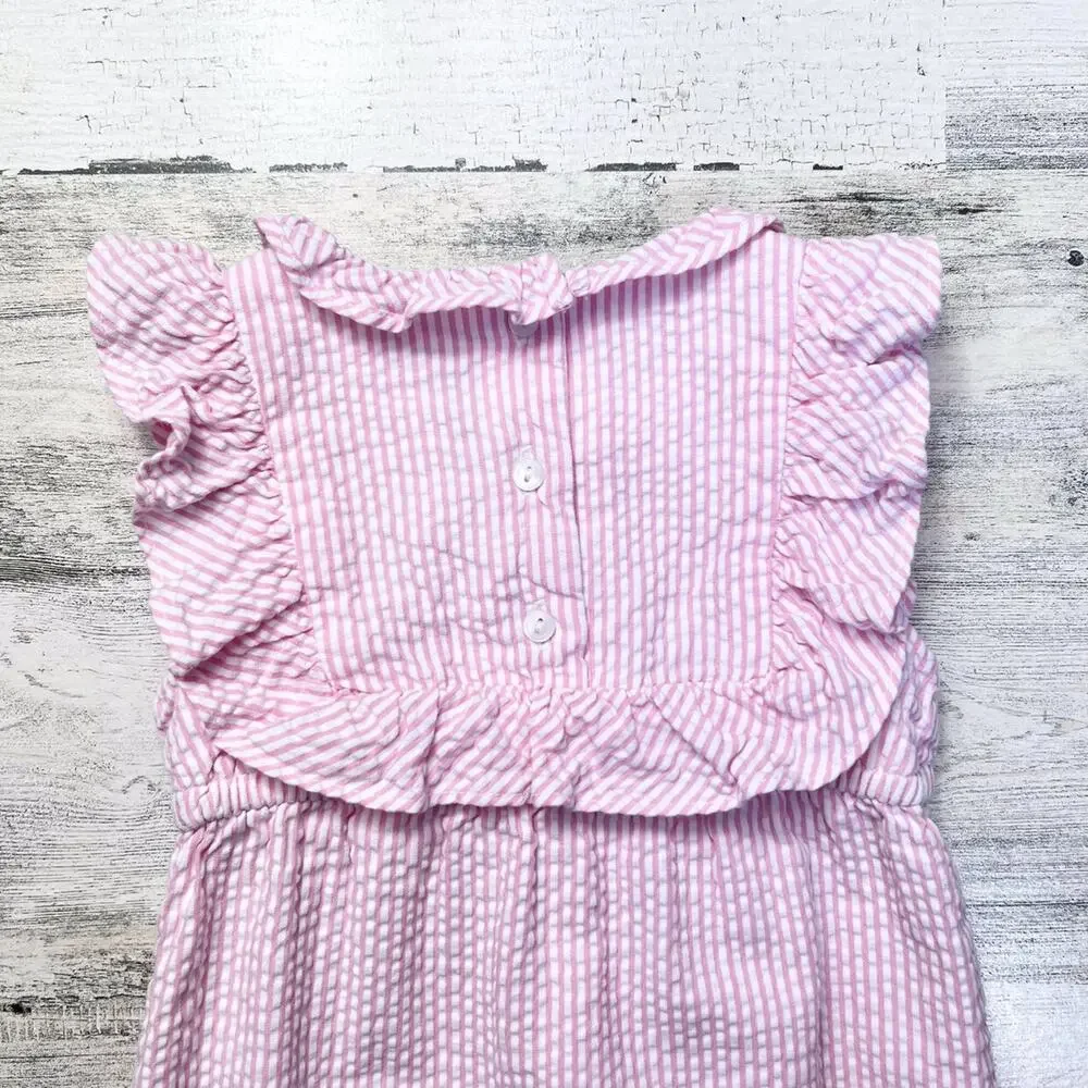 🦄 3/$36 Janie and Jack Seersucker Jumpsuit Girls 3–6M Pink Stripe Ruffle Cotton